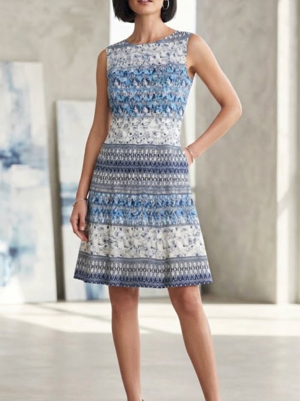 Gabby Skye Blue White Paisley Dress 12 Resort Boho Fit Flare